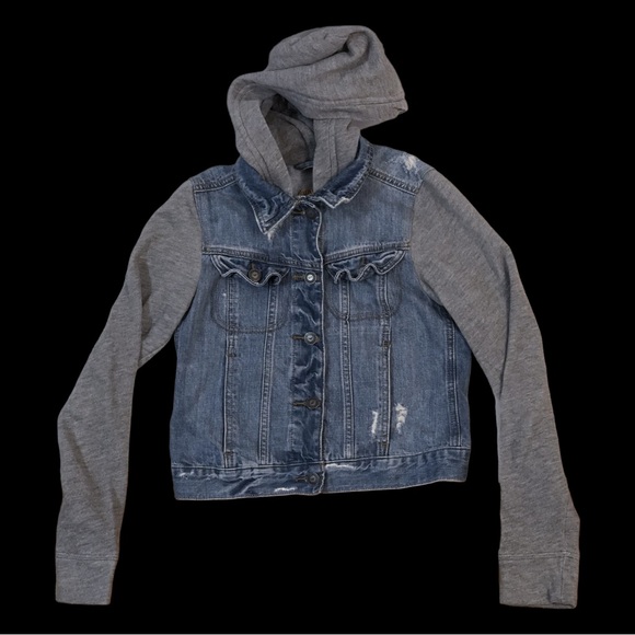 Kids Boys Hollister Light Blue Denim Jean Gray Sweatshirt Hoodie Jacket - Picture 4 of 10